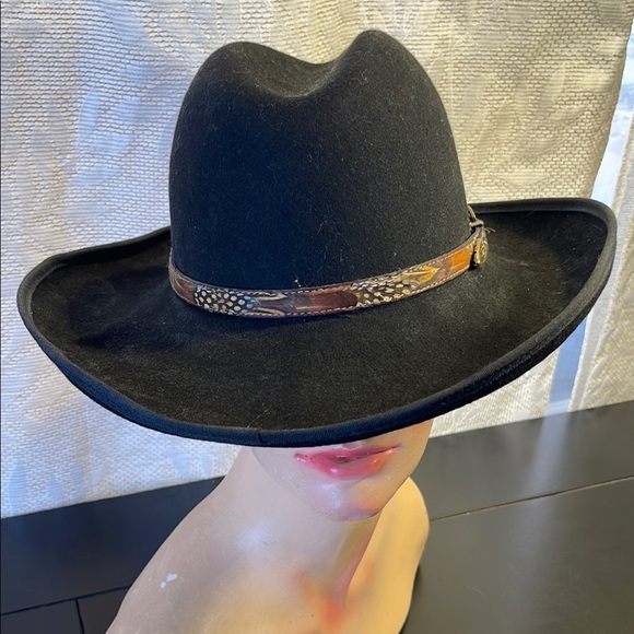 Vintage Black wide brim 100% wool Hat with Brown Band - Picture 2 of 4